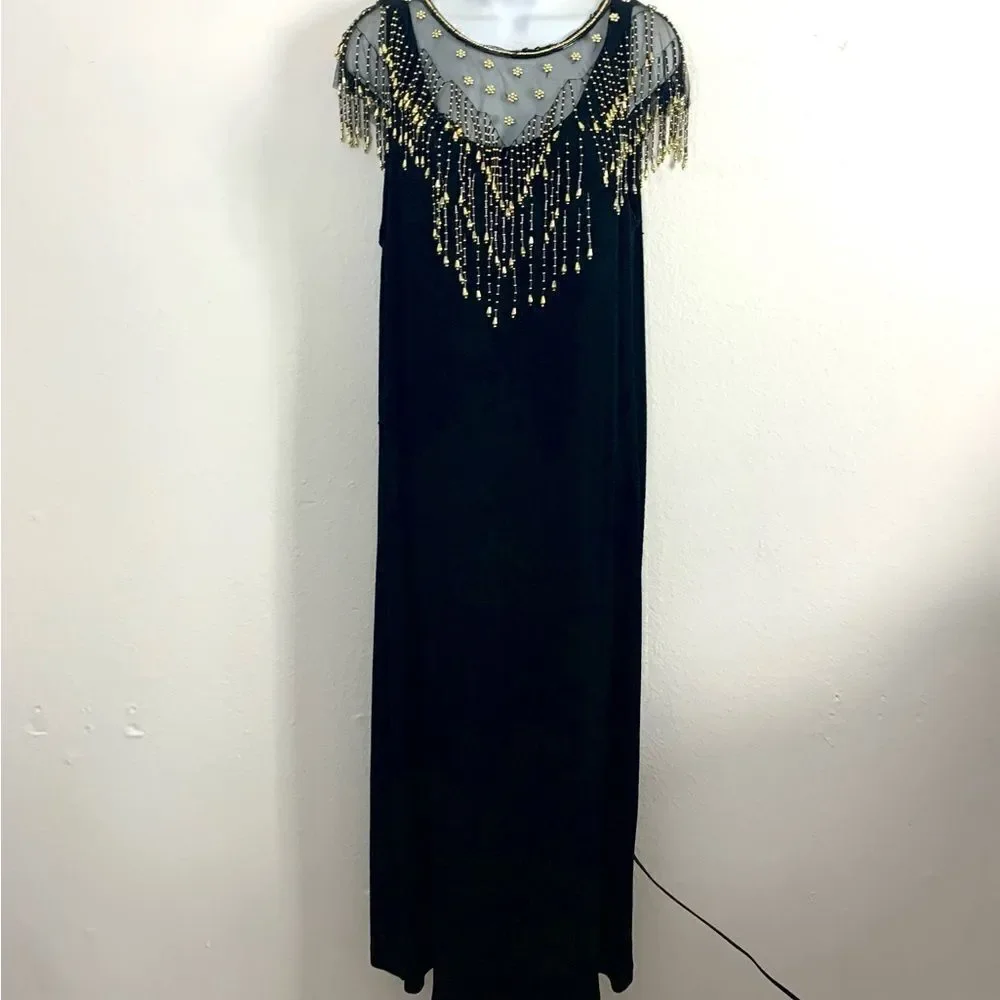 Vintage Black Christmas New Years Festive Dress w/ Gold Sheer Beaded Overlay - Picture 4 of 14